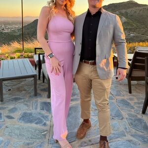 One shoulder pink jumpsuit